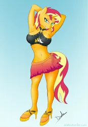 Size: 3000x4300 | Tagged: suggestive, artist:drakxs, derpibooru import, sunset shimmer, anthro, unguligrade anthro, equestria girls, equestria girls series, forgotten friendship, arm behind head, armpits, bedroom eyes, belly button, big breasts, bikini, bikini top, breasts, busty sunset shimmer, clothes, female, grin, high heels, hips, lidded eyes, long hair, looking at you, midriff, sarong, sexy, shoes, simple background, skirt, smiling, solo, solo female, swimsuit, thighs