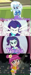 Size: 363x861 | Tagged: safe, derpibooru import, rarity, trixie, equestria girls, ami onuki, hi hi puffy ami yumi, leyla rangel, spanish, voice actor joke