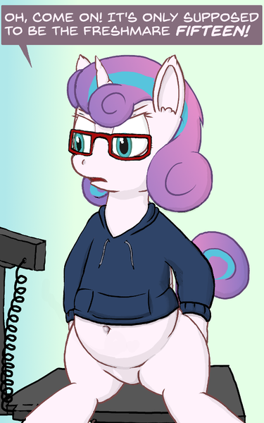 Size: 629x1006 | Tagged: safe, artist:sybaris, derpibooru import, princess flurry heart, alicorn, adult flurry heart, belly, belly button, chubby, clothes, college, dialogue, featureless crotch, glasses, hoodie, image, nerd, nerdy heart, older, older flurry heart, plump, png, princess flabby heart, scale, shirt, sitting, solo, weight gain