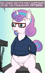 Size: 629x1006 | Tagged: alicorn, artist:sybaris, belly, belly button, chubby, clothes, college, derpibooru import, dialogue, featureless crotch, glasses, hoodie, nerd, nerdy heart, older, older flurry heart, plump, princess flurry heart, safe, scale, shirt, sitting, solo, teenage flurry heart, teenager, weight gain