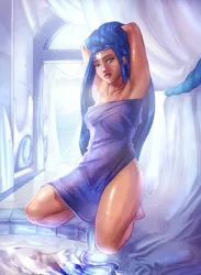 Size: 2198x3000 | Tagged: arm behind head, armpits, artist:eve-ashgrove, artist:vest, barefoot, bath, bathroom, breasts, collaboration, curvy, derpibooru import, divine, feet, female, freckles, human, humanized, jewelry, kneeling, looking at you, naked towel, princess luna, sexy, smiling, solo, solo female, stupid sexy princess luna, suggestive, swimming pool, thighs, tiara, towel, water, wet, wet hair
