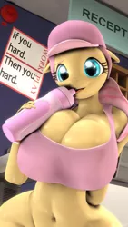 Size: 1080x1920 | Tagged: 3d, adorasexy, anthro, artist:snuddy, belly button, big breasts, bottomless, breasts, busty fluttershy, cleavage, clothes, cute, derpibooru import, female, floppy ears, fluttershy, hat, huge breasts, looking at you, nudity, partial nudity, pegasus, sexy, shyabetes, smiling, solo, solo female, source filmmaker, sports bra, suggestive, tanktop, water bottle, wide hips, wingless, wingless anthro