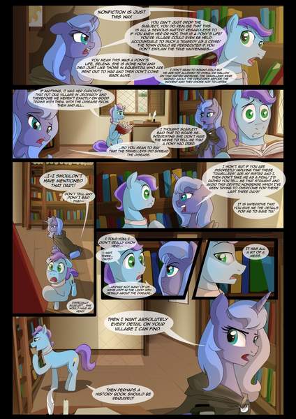 Size: 1240x1754 | Tagged: safe, artist:lunarcakez, derpibooru import, princess luna, oc, oc:soliloquy, pony, comic:the origins of hollow shades, book, candle, cloak, clothes, comic, male, quill, s1 luna, stallion