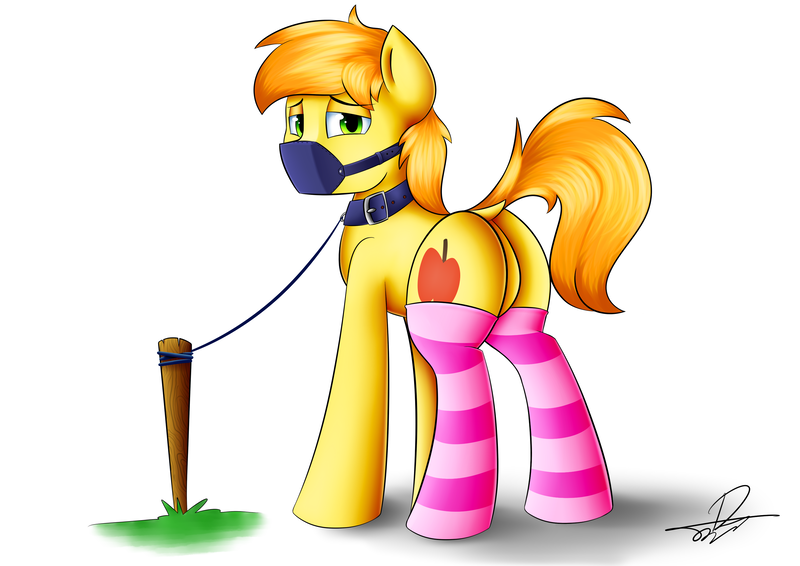 Size: 3035x2149 | Tagged: artist:supermoix, bondage, bondage post, braeburn, braebutt, clothes, collar, commission, derpibooru import, dock, featureless crotch, gag, hitching post, leash, looking at you, looking back, looking back at you, male, malesub, muzzle gag, plot, raised tail, simple background, socks, solo, solo male, striped socks, submissive, suggestive, tail, tether, white background
