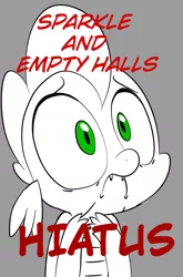 Size: 800x1214 | Tagged: artist:emositecc, comic:empty halls, comic:sparkle, derpibooru import, dragon, green eyes, hiatus, monochrome, red text, sad, safe, spike, text