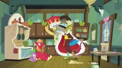 Size: 1280x720 | Tagged: safe, derpibooru import, screencap, big macintosh, discord, spike, draconequus, dragon, earth pony, pony, the break up breakdown, cape, cloak, clothes, crown, discane, discord scepter, jewelry, king discord, kitchen, oven, pointing at self, regalia, scepter