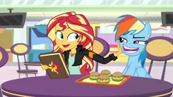 Size: 1280x720 | Tagged: safe, derpibooru import, edit, edited screencap, screencap, rainbow dash, sunset shimmer, equestria girls, mirror magic, non-compete clause, spoiler:eqg specials, book, burger, chair, food, geode of empathy, hamburger, jewelry, journal, looking at each other, magical geodes, rainbow dash is best facemaker, raised eyebrow, smiling, storefront, table, television, tray