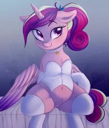 Size: 1183x1394 | Tagged: suggestive, artist:toroitimu, derpibooru import, princess cadance, alicorn, pony, adorasexy, belly button, blushing, chest fluff, chubby, clothes, collar, cute, cutedance, eyelashes, featureless crotch, female, horn, looking at you, milf, mother, purple eyes, royalty, sexy, socks, solo, solo female, stupid sexy princess cadance, wings
