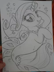 Size: 1536x2048 | Tagged: safe, artist:whitediamonds, derpibooru import, rarity, seapony (g4), unicorn, my little pony: the movie, female, grayscale, jewelry, looking at you, monochrome, necklace, seaponified, seapony rarity, simple background, species swap, traditional art, underwater, white background