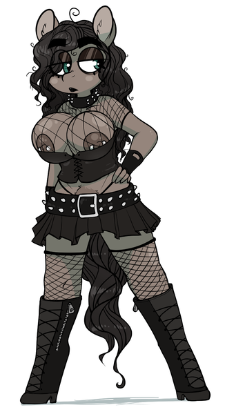 Size: 755x1389 | Tagged: anthro, anthro oc, artist:whydomenhavenipples, belt, big breasts, boots, breasts, clothes, derpibooru import, fishnets, futa, goth, high heel boots, miniskirt, nipple piercing, nipples, oc, oc:nips, panties, partial nudity, piercing, pleated skirt, pubic hair, questionable, rule 63, see-through, sexy, shoes, skirt, solo, solo futa, stockings, thigh highs, thong, underwear, unguligrade anthro, unofficial characters only