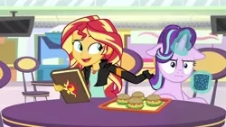 Size: 1280x720 | Tagged: safe, derpibooru import, edit, edited screencap, screencap, starlight glimmer, sunset shimmer, pony, equestria girls, marks for effort, mirror magic, spoiler:eqg specials, :i, book, burger, chair, empathy cocoa, faic, female, floppy ears, food, geode of empathy, glowing horn, guidance counselor, hamburger, i mean i see, jewelry, journal, magical geodes, mare, raised eyebrow, smiling, storefront, table, television, tray