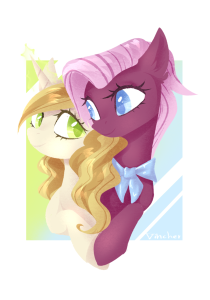 Size: 1878x2682 | Tagged: safe, artist:vincher, derpibooru import, jasmine leaf, sweet biscuit, earth pony, pony, unicorn, cute, female, jasmisweet, lesbian, mare, shipping, simple background, smiling, transparent background