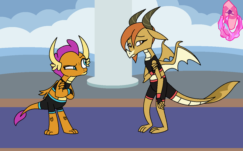 Size: 1024x638 | Tagged: alternate costumes, artist:author92, changeling, clothes, derpibooru import, disguise, disguised changeling, dragon, dragonellus, dragoness, dragon ocellus, edit, edited screencap, female, mma, ocellus, safe, screencap, smolder, sports bra