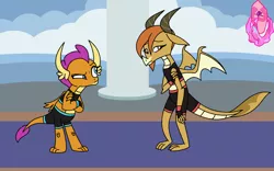 Size: 1024x638 | Tagged: alternate costumes, artist:author92, changeling, clothes, derpibooru import, disguise, disguised changeling, dragon, dragonellus, dragoness, dragon ocellus, edit, edited screencap, female, mma, ocellus, safe, screencap, smolder, sports bra