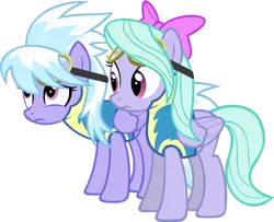 Size: 1244x1009 | Tagged: safe, artist:zacatron94, derpibooru import, cloudchaser, flitter, pegasus, pony, clothes, duo, duo female, female, goggles, mare, simple background, sisters, standing, transparent background, uniform, vector, wonderbolt trainee uniform