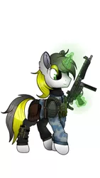 Size: 1124x1999 | Tagged: safe, artist:yellow-glaze, derpibooru import, oc, oc:yellowglaze, unofficial characters only, unicorn, camouflage, clothes, gun, magic, male, military, military uniform, smiling, solo, telekinesis, uniform, vector, vest