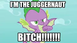 Size: 1280x720 | Tagged: derpibooru import, edit, edited screencap, image macro, juggernaut, meme, molt down, safe, screencap, spike, the juggernaut bitch, vulgar, winged spike, x-men, x-men: the last stand