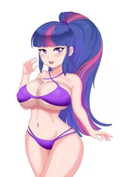 Size: 547x800 | Tagged: absolute cleavage, adorasexy, anti-gravity boobs, artist:thebrokencog, big breasts, bikini, breasts, busty twilight sparkle, cleavage, clothes, cute, derpibooru import, erect nipples, female, human, humanized, nipple outline, open mouth, sexy, simple background, solo, solo female, suggestive, swimsuit, twilight sparkle, white background