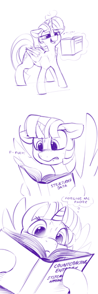 Size: 2000x6000 | Tagged: suggestive, artist:dimfann, derpibooru import, twilight sparkle, twilight sparkle (alicorn), alicorn, pony, bibliophile, blushing, book, bookhorse, comic, female, floppy ears, hoof hold, lewd, mare, monochrome, programming, reading, simple background, sketch, solo, spread wings, sweat, that pony sure does love books, vulgar, white background, wingboner, wings