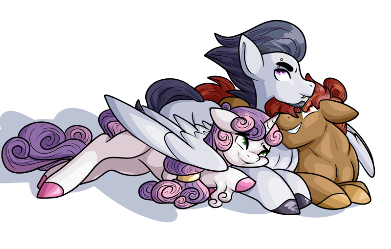 Size: 5500x3500 | Tagged: safe, artist:heyerika, derpibooru import, button mash, rumble, sweetie belle, earth pony, pegasus, pony, unicorn, bisexual, colored hooves, cuddling, female, gay, hug, looking at each other, male, mare, older, ot3, piercing, polyamory, rumbelle, rumbellemash, rumblemash, shipping, simple background, stallion, straight, sweetiemash, transparent background, unshorn fetlocks, winghug