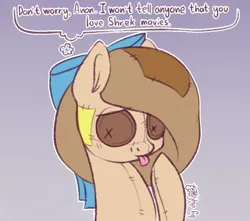 Size: 1330x1177 | Tagged: safe, artist:dsp2003, derpibooru import, oc, oc:raggie, hagwarders, original species, plush pony, pony, :p, blatant lies, button eyes, comic, female, gradient background, implied anon, mare, signature, silly, single panel, tongue out, trolling
