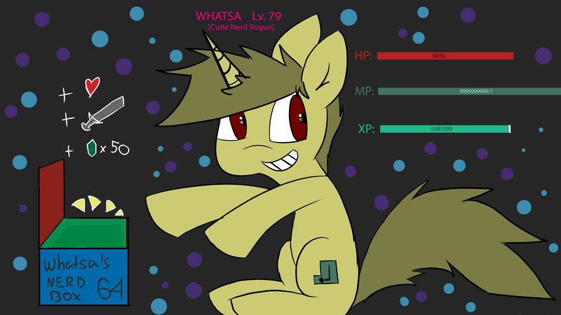 Size: 5120x2880 | Tagged: safe, artist:exxie, derpibooru import, oc, oc:whatsapony, unofficial characters only, unicorn, hax, heart, item box, life bar, male, mp bar, sitting, smiling, stallion, sword, weapon, xp bar