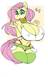 Size: 525x840 | Tagged: anthro, artist:scarfyace, belly button, big breasts, bimbo, breasts, busty fluttershy, cleavage, clothes, collar, daisy dukes, derpibooru import, erect nipples, female, fluttershy, huge breasts, long hair, looking at you, midriff, nipple outline, nipple piercing, nipples, panties, piercing, pink hair, pocket, shorts, signature, simple background, sluttershy, socks, solo, solo female, suggestive, swirly eyes, tail, thigh highs, thong, underwear, white background