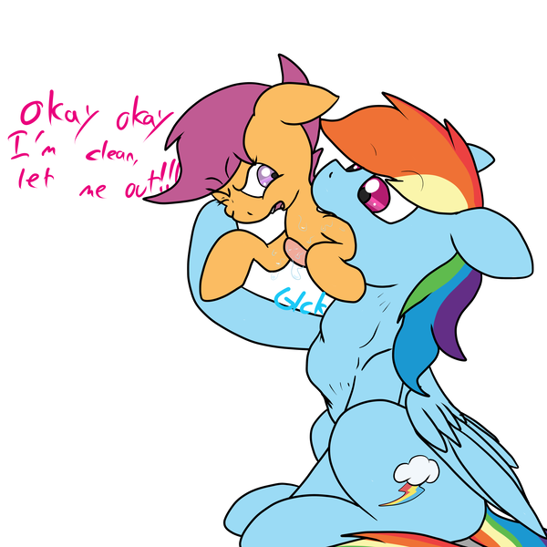 Size: 5000x5000 | Tagged: questionable, artist:undercoverpone, derpibooru import, rainbow dash, scootaloo, pegasus, pony, absurd resolution, dialogue, drool, female, fetish, floppy ears, implied scootachicken, oral vore, preddash, salivating, swallowing, throat bulge, tongue out, vore