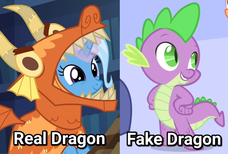 Size: 1100x746 | Tagged: safe, derpibooru import, edit, edited screencap, screencap, spike, trixie, dragon, unicorn, uncommon bond, abuse, blatant lies, cute, diatrixes, dragon costume, glowing horn, know the difference, op is trying to be funny, spikeabuse, text, wrong