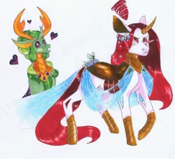 Size: 2705x2457 | Tagged: safe, artist:frozensoulpony, derpibooru import, thorax, oc, oc:miyama, changedling, changeling, high res, king thorax, traditional art