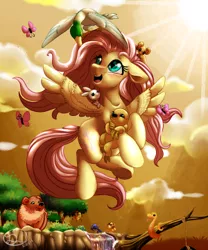 Size: 300x360 | Tagged: safe, artist:mimkage, derpibooru import, fluttershy, bear, bird, duck, mallard, pegasus, pony, snake, cute, female, flying, mare, shyabetes, smiling