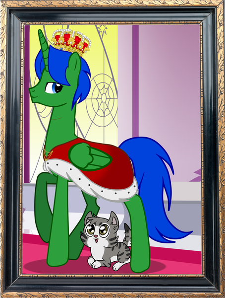 Size: 2310x3055 | Tagged: safe, artist:asika-aida, artist:johnnyxluna, artist:splattertank, artist:tamalesyatole, derpibooru import, oc, oc:dipsy the cat, oc:prince lightning chaser, unofficial characters only, alicorn, cat, pony, alicorn oc, bust, cape, clothes, crown, duo, jewelry, male, portrait, regalia, royalty, scar, stallion