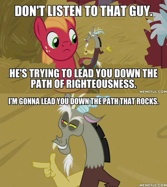 Size: 600x674 | Tagged: safe, derpibooru import, edit, edited screencap, screencap, big macintosh, discord, draconequus, pony, the break up breakdown, image macro, kronk, male, meme, shoulder devil, shoulder discord, stallion, the emperor's new groove