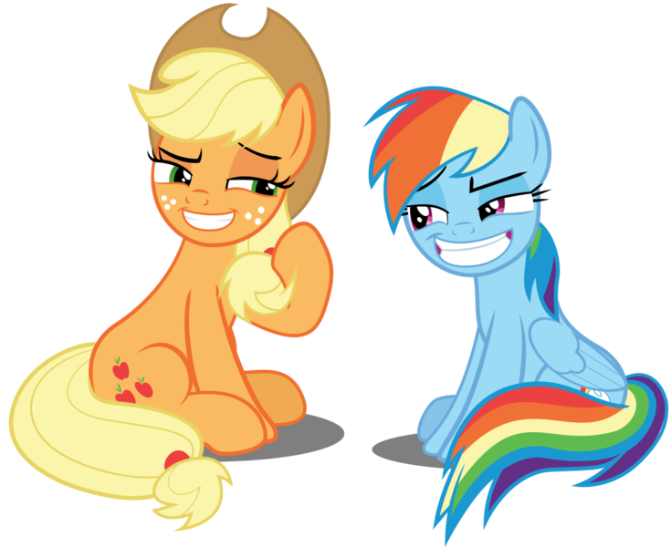 Size: 1250x1020 | Tagged: safe, artist:spellboundcanvas, derpibooru import, applejack, rainbow dash, earth pony, pegasus, pony, non-compete clause, duo, faic, grin, looking at each other, simple background, sitting, smiling, transparent background