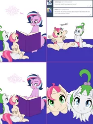 Size: 1204x1604 | Tagged: safe, artist:dekomaru, derpibooru import, oc, oc:aurora, oc:confetti, oc:pearl, alicorn, dracony, hybrid, pony, unicorn, tumblr:ask twixie, alicorn oc, ask, book, comic, cute, diaper, female, filly, frog (hoof), hnnng, interspecies offspring, looking up, magical lesbian spawn, offspring, parent:oc:dazzle, parent:pinkie pie, parent:rarity, parent:spike, parent:trixie, parent:twilight sparkle, parents:canon x oc, parents:sparity, parents:twixie, tumblr, underhoof, weapons-grade cute