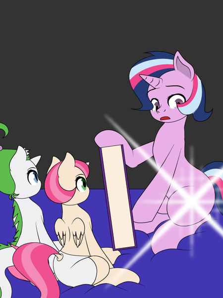 Size: 600x800 | Tagged: safe, artist:dekomaru, derpibooru import, oc, oc:aurora, oc:confetti, oc:pearl, unofficial characters only, alicorn, dracony, hybrid, pony, unicorn, tumblr:ask twixie, alicorn oc, ask, book, cutiespark, diaper, female, filly, interspecies offspring, magical lesbian spawn, offspring, parent:oc:dazzle, parent:pinkie pie, parent:rarity, parent:spike, parent:trixie, parent:twilight sparkle, parents:canon x oc, parents:sparity, parents:twixie, tumblr