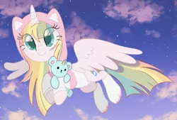 Size: 701x473 | Tagged: safe, artist:owlity, derpibooru import, oc, oc:sweet dreams, alicorn, pony, alicorn oc, clothes, cloud, cute, female, flying, mare, night, ocbetes, pastel, rainbow, smiling, solo, spread wings, stars, sweater, teddy bear, wings