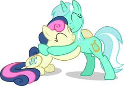 Size: 2273x1584 | Tagged: safe, artist:frownfactory, derpibooru import, bon bon, lyra heartstrings, sweetie drops, earth pony, pony, unicorn, the break up breakdown, .svg available, adorabon, cute, cutie mark, duo, eyes closed, female, horn, hug, lyrabetes, mare, simple background, svg, transparent background, vector