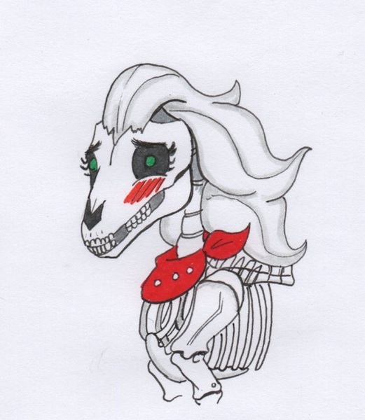 Size: 550x633 | Tagged: safe, artist:kuroneko, derpibooru import, skellinore, pony, skeleton pony, the break up breakdown, bandana, blushing, bone, cute, female, grin, looking at you, mare, neckerchief, nervous, simple background, skeleton, skellibetes, skull, smiling, solo, squee, traditional art, white background