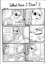 Size: 2550x3506 | Tagged: artist:lupiarts, black and white, comic, comic:what have i done, crying, daughter, derpibooru import, female, grayscale, hug, monochrome, mother, oc, oc:camilla curtain, oc:chess, oc:sally, sad, safe, sisters, speech bubble, traditional art, unofficial characters only