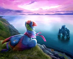 Size: 4600x3713 | Tagged: safe, artist:gaelledragons, derpibooru import, rainbow dash, pegasus, pony, beautiful, cliff, clothes, cloud, cloudy, coast, colored wings, colored wingtips, detailed, ear fluff, facing away, female, gradient wings, grass, iceland, looking at something, mare, mountain, mountain range, multicolored wings, ocean, prone, rear view, scarf, scenery, scenery porn, sky, solo, windswept mane, wing fluff, wings