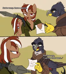 Size: 2480x2760 | Tagged: safe, artist:mellowhen, derpibooru import, oc, oc:roulette, unofficial characters only, gryphon, fallout equestria, 2 panel comic, armor, clothes, comic, dialogue, griffon oc, hoof hold, looking at you, meme, meme origin, military, ncr, open mouth, parks and recreation, rocket launcher, ron swanson, rpg-7