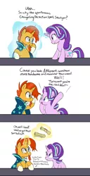 Size: 1071x2091 | Tagged: dead source, safe, artist:lance, derpibooru import, starlight glimmer, sunburst, pony, unicorn, blushing, clueless, comic, female, flirting, magic, male, mare, oblivious, one sided shipping, pick up line, pickup lines, scroll, shipping, simple background, stallion, starboarding, starburst, straight, sunburst is a goddamn moron, telekinesis, white background, you tried