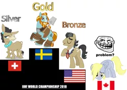 Size: 3597x2552 | Tagged: 2018, bronze, canada, cross, cute, cutie mark, derpibooru import, derpy hooves, downvote bait, edit, filthy rich, flag, gold, hockey, jewelry, maple leaf, meme, mulia mild, necklace, obligatory pony, pearl necklace, podium, problem, rockhoof, rockhoof's shovel, sad, safe, shovel, silver, sports, sweden, switzerland, trollface, united states