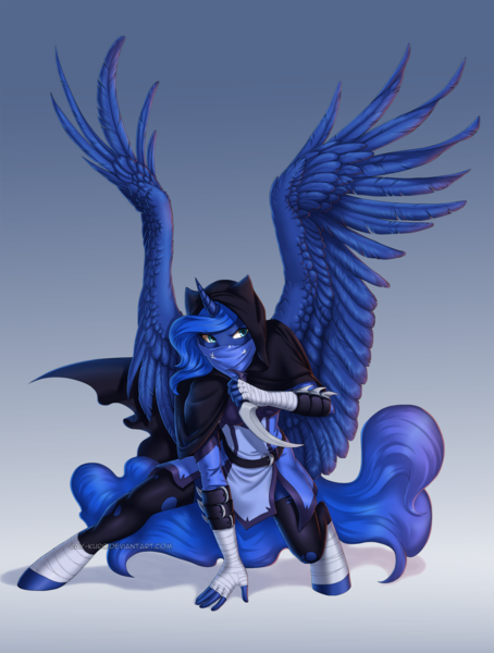 Size: 1239x1638 | Tagged: alicorn, anthro, artist:jay-kuro, clothes, derpibooru import, female, princess luna, safe, simple background, solo, unguligrade anthro, wings