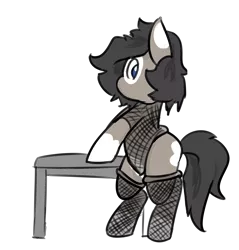 Size: 2141x2237 | Tagged: artist:davierocket, clothes, crossdressing, derpibooru import, fishnet clothing, fishnets, looking back, male, messy mane, oc, oc:longfolia, painted, safe, see-through, simple background, socks, solo, thigh highs, transparent background