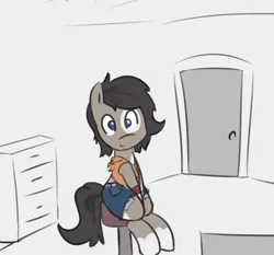 Size: 2532x2358 | Tagged: armband, artist:davierocket, clothes, crossdressing, daisy dukes, derpibooru import, jeans, looking at you, male, messy mane, oc, oc:longfolia, pants, ripped jeans, safe, shorts, simple background, sitting, solo, stool