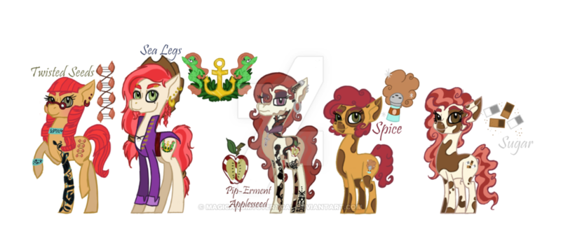 Size: 1024x457 | Tagged: safe, artist:magicandmysterygal, derpibooru import, oc, oc:pip-erment appleseed, oc:sea legs, oc:spice, oc:sugar, oc:twisted seeds, unofficial characters only, earth pony, pony, beard, blaze (coat marking), blushing, bracelet, choker, clothes, coat, description is relevant, ear piercing, earring, eyebrow piercing, facial hair, female, glasses, jacket, jewelry, magical lesbian spawn, male, mare, necklace, next generation, offspring, parent:babs seed, parent:pipsqueak, parent:twist, parents:babstwist, parents:pipseed, piercing, simple background, stallion, story included, tattoo, transparent background, twins, watermark