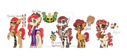 Size: 1024x457 | Tagged: safe, artist:magicandmysterygal, derpibooru import, oc, oc:pip-erment appleseed, oc:sea legs, oc:spice, oc:sugar, oc:twisted seeds, unofficial characters only, earth pony, pony, beard, blaze (coat marking), blushing, bracelet, choker, clothes, coat, description is relevant, ear piercing, earring, eyebrow piercing, facial hair, female, glasses, jacket, jewelry, magical lesbian spawn, male, mare, necklace, next generation, offspring, parent:babs seed, parent:pipsqueak, parent:twist, parents:babstwist, parents:pipseed, piercing, simple background, stallion, story included, tattoo, transparent background, twins, watermark
