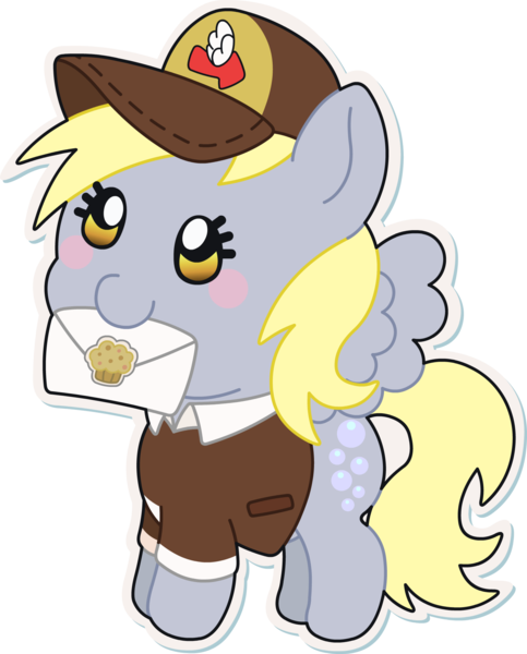 Size: 1609x2000 | Tagged: safe, artist:doctor-g, derpibooru import, derpy hooves, pony, blushing, chibi, cute, derpabetes, female, hat, mailmare, mailmare hat, simple background, solo, transparent background, white outline